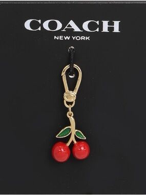 NWT Coach Gold-Tone Cherry Charm Keychain with Red and Green Enamel IN DUSTBAG